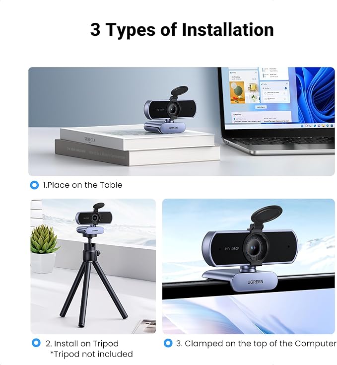 Full HD 1080P Webcam with Noise Canceling Microphone for Video Calls and Streaming Grey
