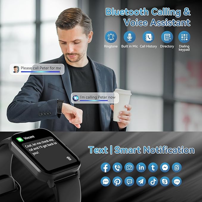 Smart Watch for Men Women, 120+ Sports Modes, Bluetooth Calls/Messages, 1.85" HD Touch Screen, IP68 Waterpro of Fitness Tracker with Heart Rate/Sleep Monitor, Compatible with Android/iOS (Black)