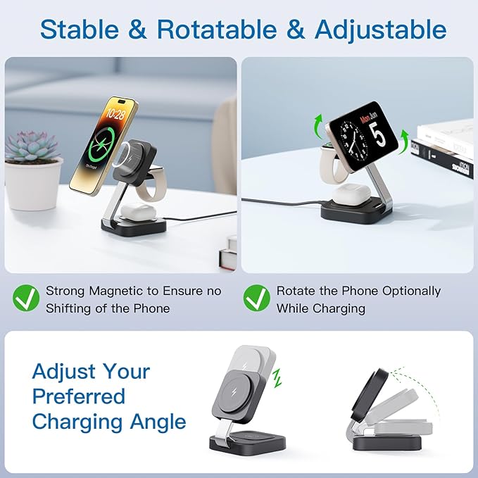 2026 Traveling Wireless Mag-Safe Fast Charging Station,Magnetic 3 in 1 Charger with iPhone 17 16 15 14 13 12 Pro Max Plus,Apple Watch Series & Air pods 4 3 2 Pro-Gifts for Wife & Husband(Black)