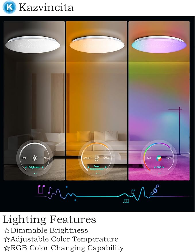 BT-Version LED Ceiling Light with Speaker 40W 13Inch Music Ceiling Lamp with Remote Control Adjustable Brightness & Color Temperature RGB Ambient Lighting for Kids Room Bedroom and More