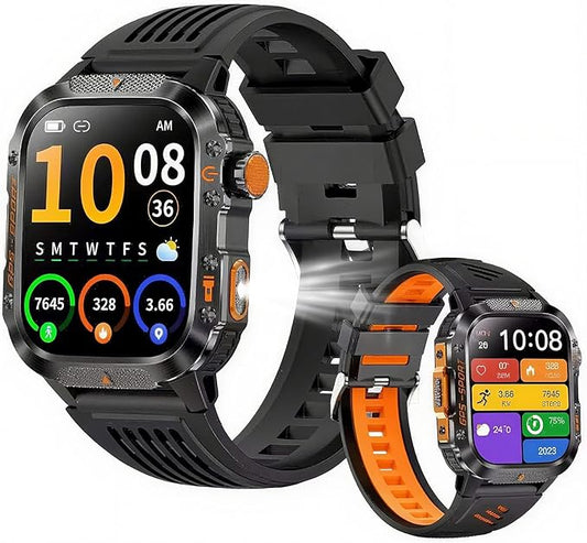 Military Smart Watches for Men, 1.7" Hd Fitness Tracker Ith Multiple Sports Modes, 600mah Battery for Android iOS, Ip68 Waterproof/Spo2 Monitor/Flashlight/Message Alerts (Square Black)