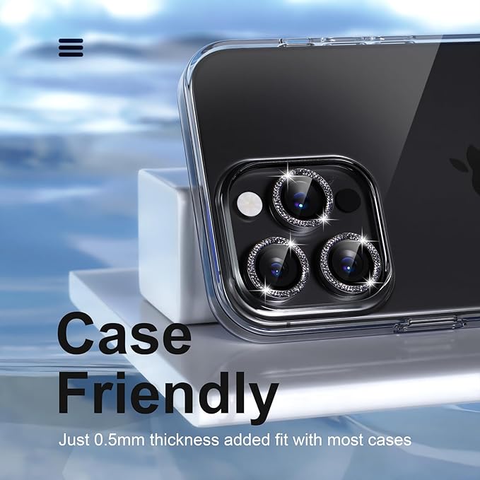 Misea Compatible for iPhone 15 Pro/iPhone 15 Pro Max Camera Lens Protector Bling, 9H Tempered Glass Camera Cover Screen Protector Metal Individual Ring Protector Decoration Accessories, Black Glitter