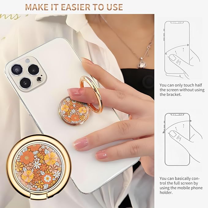 Cell Phone Ring Holder, Cute Metal Phone Grip Stand Finger Ring Kickstand, Flexible 360°Rotation Phone Tablet Case Accessories Compatible with Most Phones Cute Orange Flowers