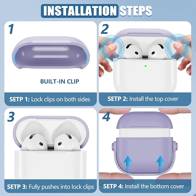 with Safety Lock for Airpods 4 Case, TPU Case for Apple Airpods 4 Case 2024 USB-C with Cleaner Kit, Drop Protection Airpods 4 Case Cover with Lock and Keychain, Fantasy Purple