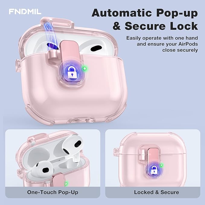Clear Case for AirPods 3 Case Cover with [Lock Safety & Pop Up][Military Shockproof] Anti-Yellow Transparent Soft TPU Wireless Charging for AirPods 3 Generation Case with Keychain,Clear Pink