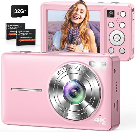 4K Digital Camera with Selfie Lens 64MP Vlogging Camera 32GB Card Pink