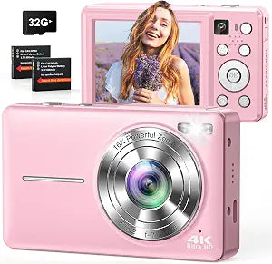 4K Digital Camera with Selfie Lens 64MP Vlogging Camera 32GB Card Pink