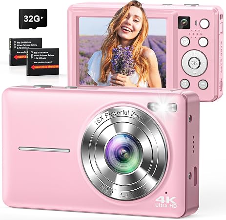 4K Digital Camera with Selfie Lens 64MP Vlogging Camera 32GB Card Pink