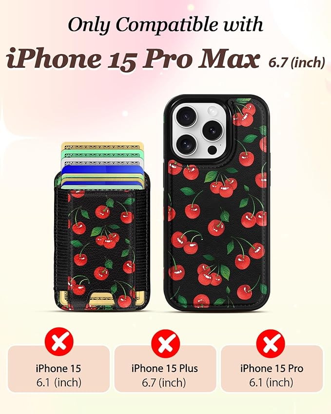 Shorogyt for iPhone 15 Pro Max Case Wallet - Fits 5 Cards, Compatible with Magsafe Detachable Magnetic Credit Card Holder Leather Cardholder Cute Phone Cover Women Girls for Apple 15 ProMax, Cherry