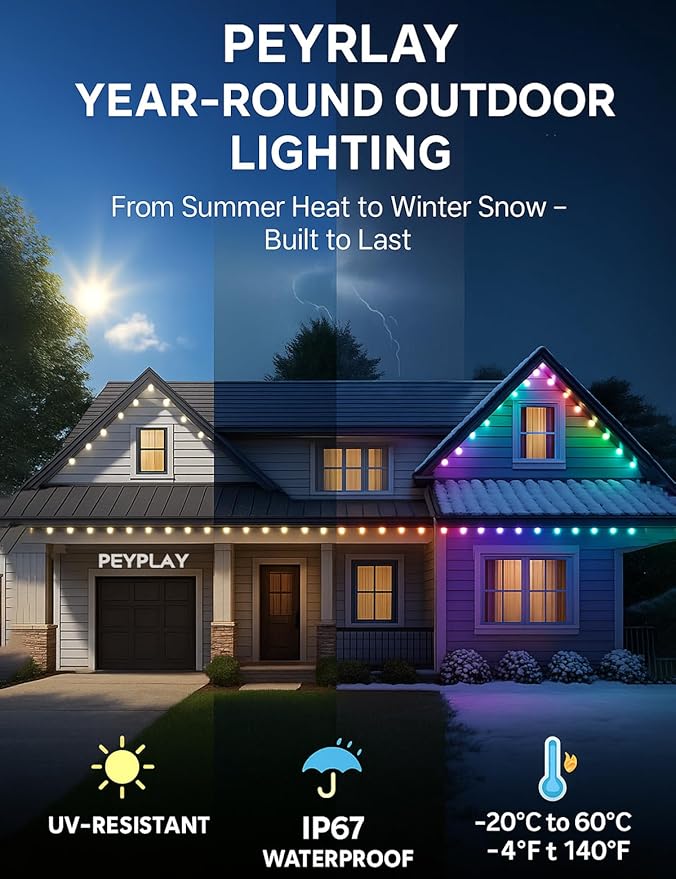 50ft Permanent Outdoor Lights, 60 RGB+IC Smart LEDs, 75 Scene Modes, IP67 Waterproof, App & Voice Control (Alexa & Google Assistant), DIY Colors, Music Sync, Holiday Lighting Scenes (50ft)