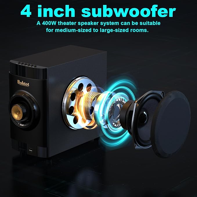 Bobtot Home Theater System Small 4" Subwoofer 200W 5.1/2.1 Channel Surround Sound System with ARC Optical Bluetooth Input