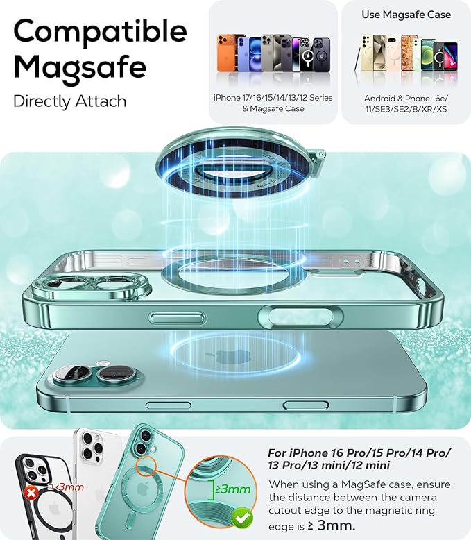 Upgraded Magnetic Phone Ring Stand Built in Mirror for Magsafe, [Electroplated & Glitter], Phone Ring Holder Grip Kickstand for iPhone 17 Pro Max 16 15 14 13 12 Series for Girl Women, Teal