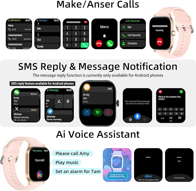 Smart Watch with Built-in GPS, 1.96" HD Display, Answer/Make Calls, 100+ Sport Modes, Heart Rate/Sleep/SpO2 Monitor, Fitness Activity Tracker for Android and iPhone, for women men (Pink, 1.96")