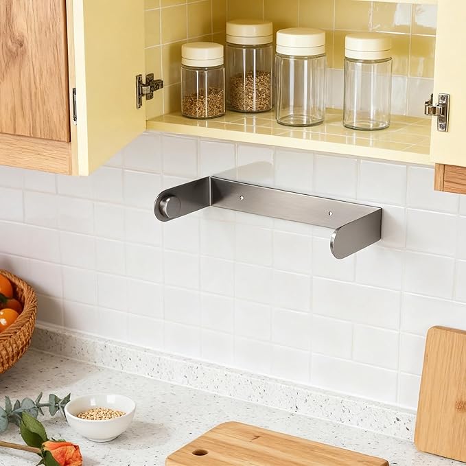 YIGII Paper Towel Holder Under Cabinet – Self Adhesive or Drilling, Wall Mount Paper Roll Holder for Pantry, Bathroom, RV, Stainless Steel Papertowel Holders