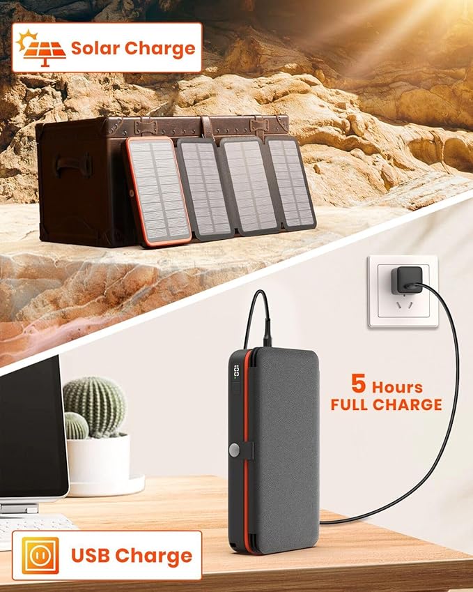 FEELLE Solar Charger Power Bank, 27000mAh Wireless Portable Charger with 4 Solar Panels, 22.5W Fast Charging External Battery Pack USB-C in/Output PD+QC 4.0 Portable Power Bank for Smartphone