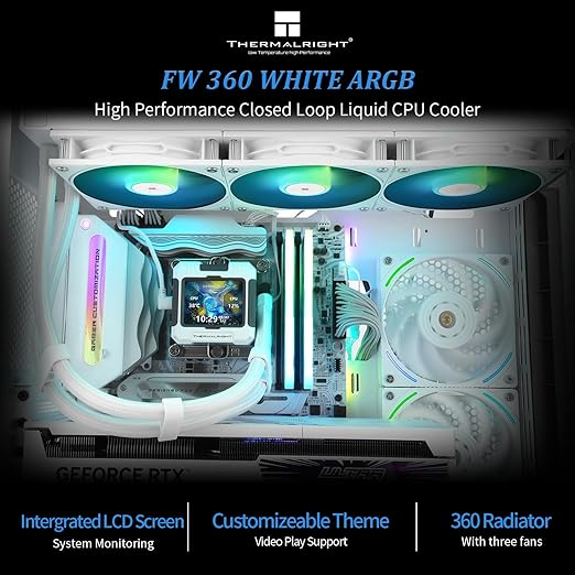 Thermalright FW 360 White ARGB V2 CPU Water Cooler with 3 PWM Fans with 2000RPM,IPS LCD Screen with 320 * 240 Resolution,Liquid CPU Cooler,CPU PC Aio Cooler for AMD:AM4/AM5/Intel LGA1700