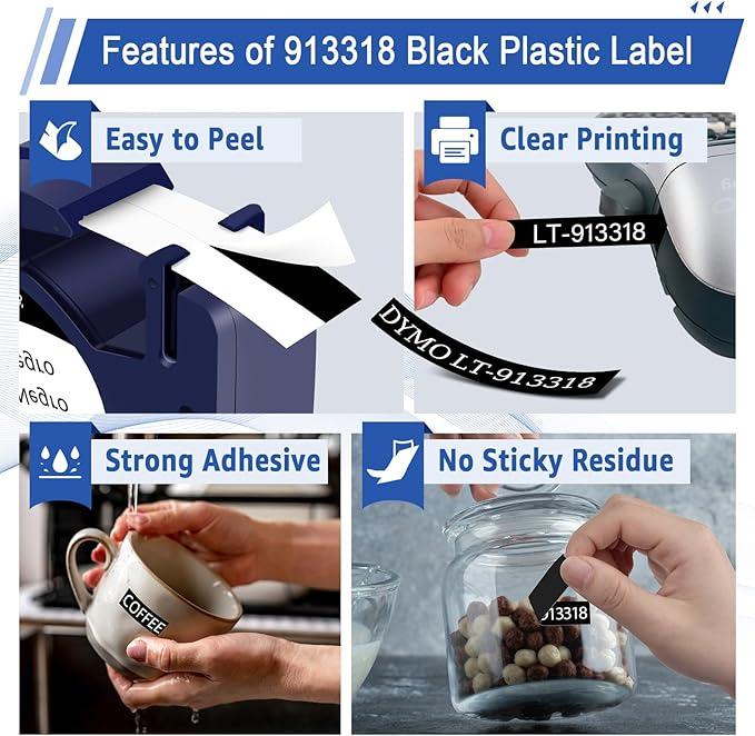 10 Pack Compatible for Dymo Label Maker Refills 913318 White on Black Plastic Label Maker Tape 12mm x 4m (1/2" x 13') for Dymo Letra Tag Refills 200B LT100H LT100T LT110T