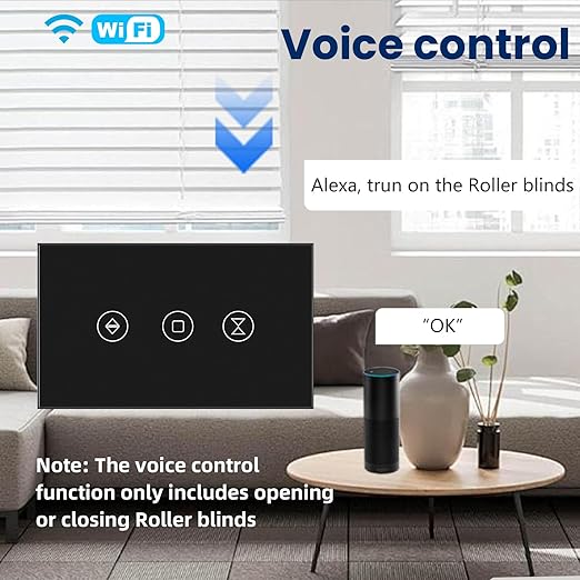 Smart Roller Shutter Switch Neutral Wire Required,2.4GHz WiFi Roller Shutter Switch with Remote Voice Control, Tempered Glass Panel, Work with Alexa and Google Home, Black WiFi-Roller Shutter