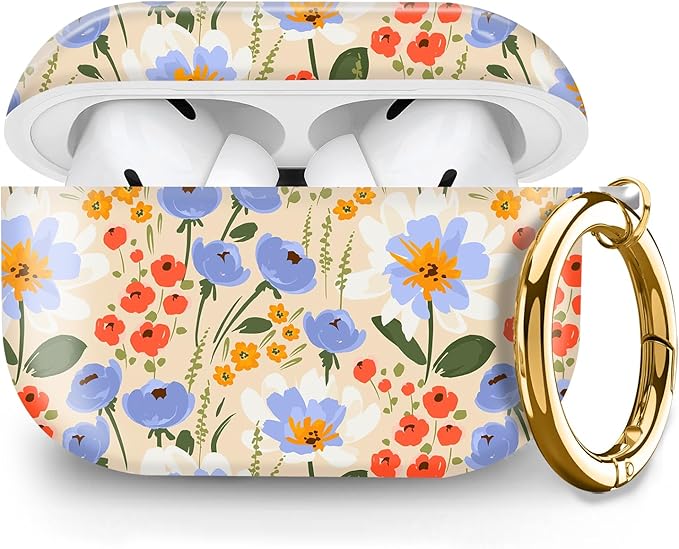 Compatible with Airpod pro 2nd/1st Generation Case Cover with Gold Round Keychain Cute Pattern Hard & Anti Slip Cover for Men Women & Girls (Watercolor Floral)