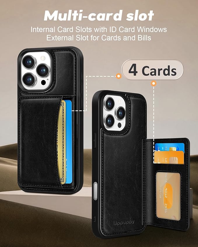 for iPhone 16 Pro Case with Wallet - Fits 4 Card Slots, Compatible with MagSafe for Women Aesthetic Durable PU Leather Credit Card Holder Kickstand Phone Cover for Apple 16 Pro, Black