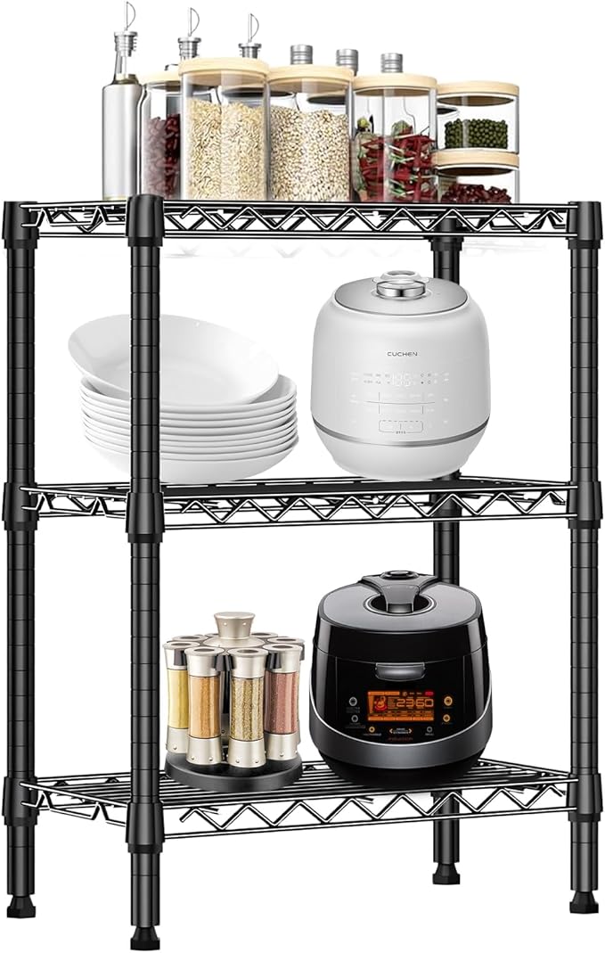 Heavy Duty Stainless Steel Kitchen Storage Rack, Adjustable Shelf Organizer with Non-Slip Mats, Black, for Cabinets, Countertops, Pantries (3-Tier Rack)