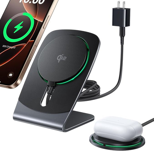 INIU Magnetic Wireless Charger Stand, Qi2 Certified 15W Mag-Safe Wireless Charging Pad with Cooling Fan, Fast Charging Pad for iPhone 17 16 15 14 13 12 Series AirPods 4 3 2 Pro (with Adapter)