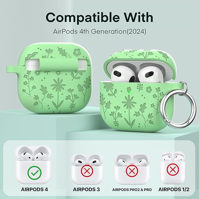 Maxjoy for AirPods 4 Case, Engraved Silicone Cute AirPod 4 Case for Women Men Protective iPod 4 Cover with Keychain Cleaning Kit for AirPod 4th Generation Cover 2024, Matcha