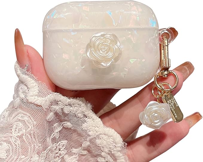 Cute Case for Airpod Pro 2 with Keychain Elegant Flower Luxury Glitter Pearl Marble Protective Cover Compatible with AirPods Pro 2019 2022 2023 Case for Girls Women (White Rose)