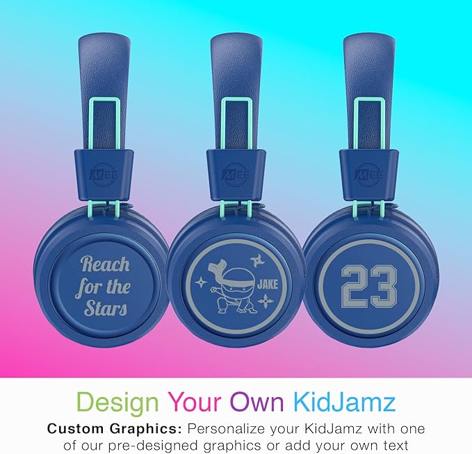 MEE audio KidJamz KJ55BT Personalized Bluetooth Wireless Safe Listening Headphones for Kids w/Custom LED-Backlit Design, Volume Limiter, Microphone; Kids Headset for School/iPhone/iPad/Tablet (Blue)