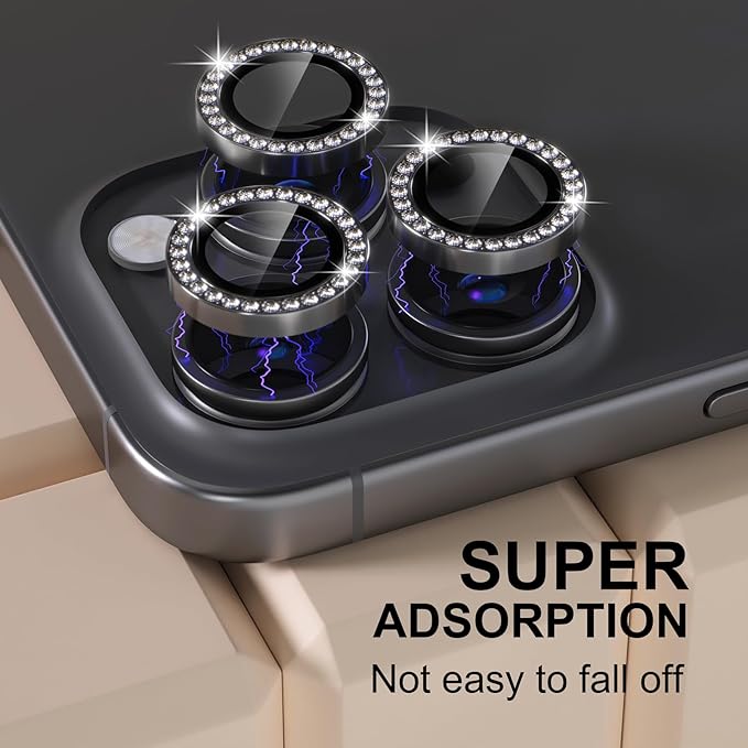 Misea Compatible for iPhone 16 Pro/iPhone 16 Pro Max Camera Lens Protector Bling, 9H Tempered Glass Camera Cover Screen Protector Metal Individual Ring Protector Decoration Accessories, Black Diamond