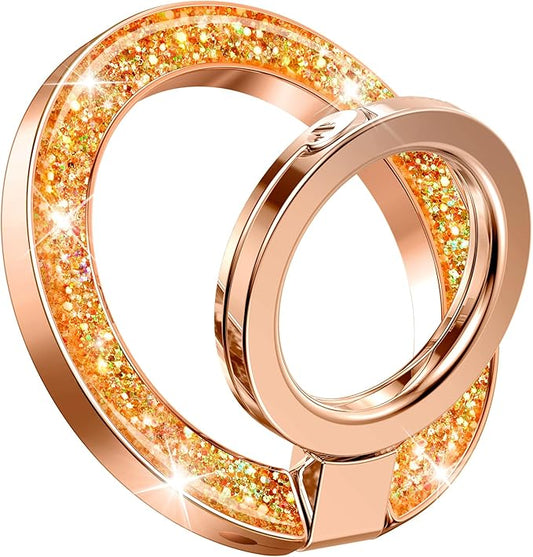 GVIEWIN Magnetic Phone Ring Holder, Compatible with MagSafe Phone Grip with Adjustable Stand, Magnet Phone Ring Kickstand for iPhone 17/16/15/14/13/12 Pro Max Plus Air/Other Phones (Glitter/Orange)