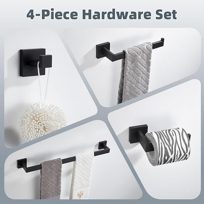 Bathroom Hardware Set Matte Black, Angle Simple Stainless Steel Bath Accessory Kit, 4 Pieces - Towel Hook, Toilet Paper Holder, Towel Holder and Towel Bar