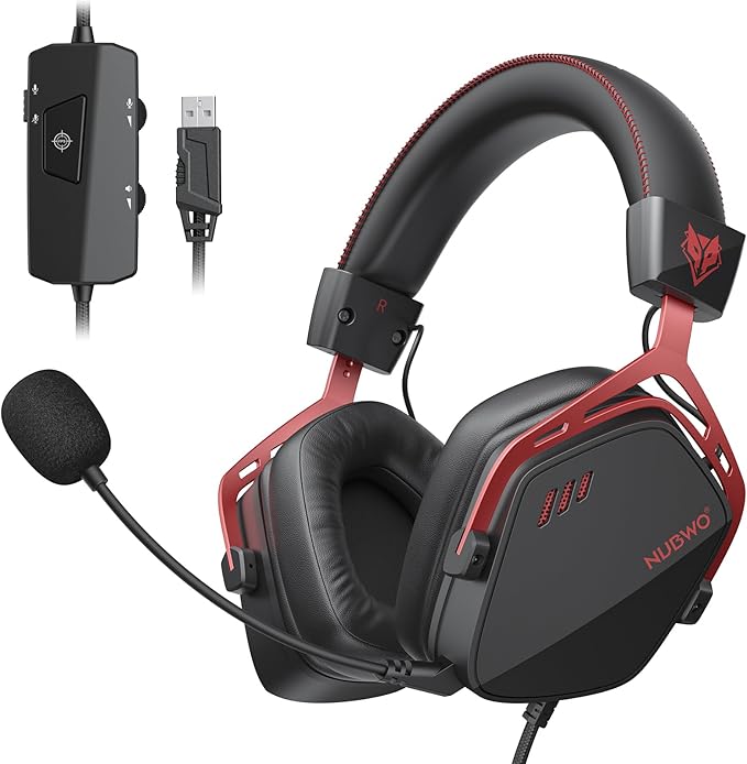 NUBWO HG03 USB-A Gaming Headset with 7.1 Surround and FPS Sound, Wired Headphones with Noise Canceling Mic, Comfortable Design for PC, Laptop - Black Red