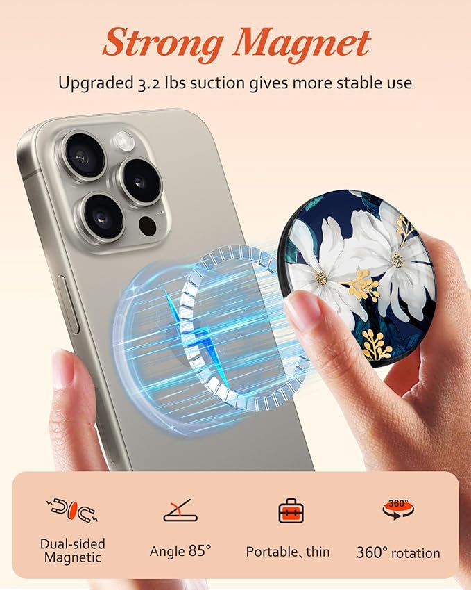 Kidcube Phone Grip Compatible with Magsafe - Magnetic Phone Grip Stand Cute Flowers Finger Grip Kickstand Ring Holder Women Girls Compatible with Magsafe Accessories for iPhone 16/15/14/13/12 Series