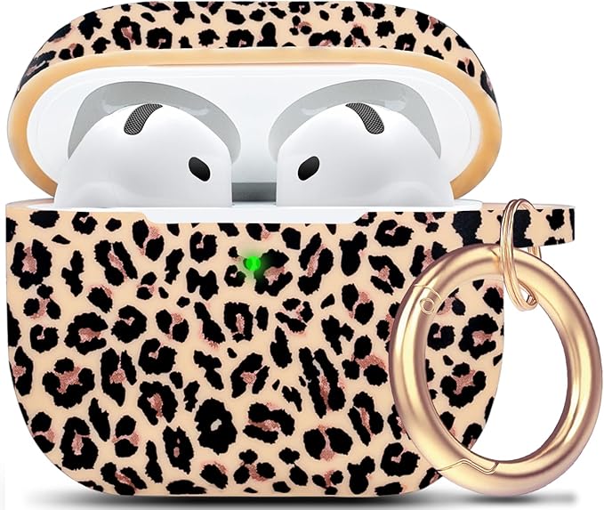 Silicone Leopard AirPods 4 Case 2024, Gawnock Case Cover for Apple Airpods 4th Generation Print Soft Flexible Cover for Air Pod 4th Women Girls, Skin with Keychain - Leopard Khaki