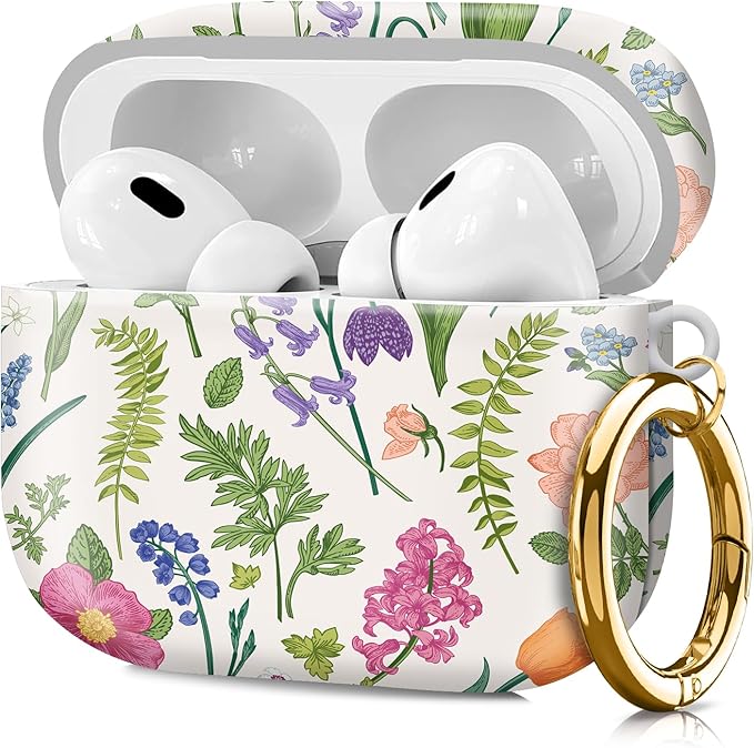 Compatible with Airpod pro 2nd/1st Generation Case Cover with Gold Round Keychain Cute Pattern Hard & Anti Slip Cover for Men Women & Girls（Flower Landscape）