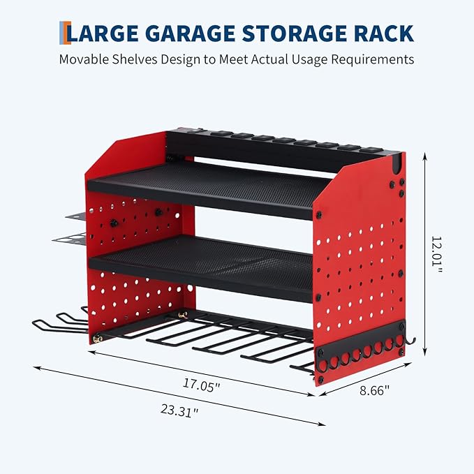 Power Tool Organizer, Drill Holder Wall Mount with Charging Station, Heavy Duty 3-Layer Power Pool Storage with 8 Outlets, 4 Drill Storage Shelf with Hooks, Battery Storage Holder for Garage
