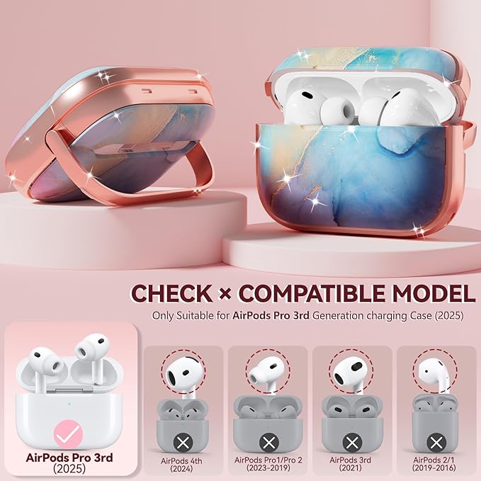 Inesore for AirPods Pro 3 Case 2025 with Lock, for Women Girly Floral Cute Case Compatible with Apple Airpods Pro 3rd Generation Cover, with Phone Stand,Keychain & Cleaner Kit- Rainbow Gold Marble