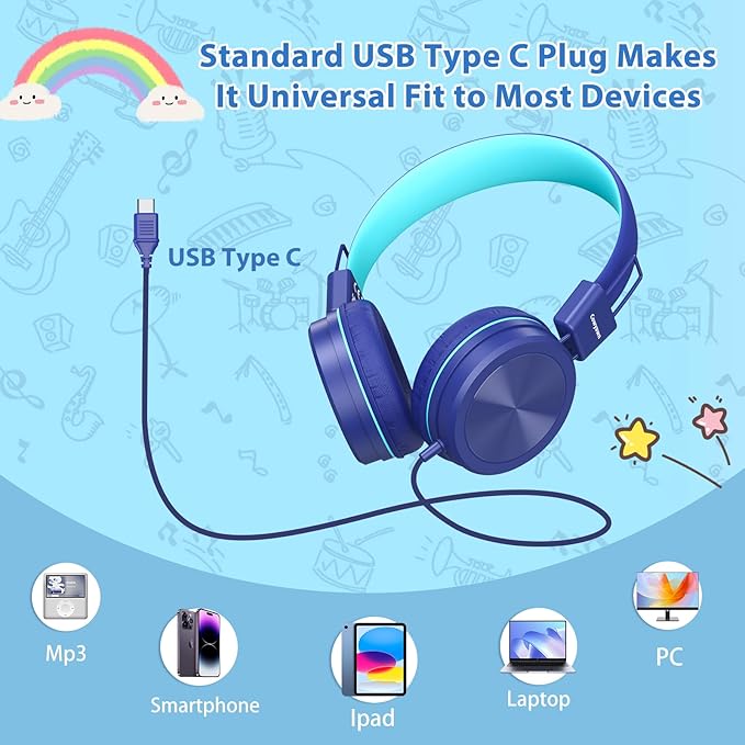 USB Type C Kids Headphones for School, 94dB Volume Limited, Kids Headphones with USB C Cord, HD Stereo Sound, Foldable Lightweight On-Ear USB-C Wired Headphones for Boys/Girls, Dark Blue