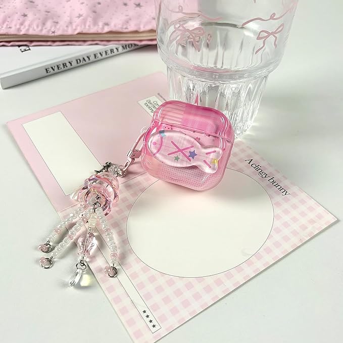 Compatible with AirPods 4 Case with Cleaner Kit, Cute Cartoon Fish Star Keychain Soft TPU Shockproof Cover for Airpods 4th Generation -Pink