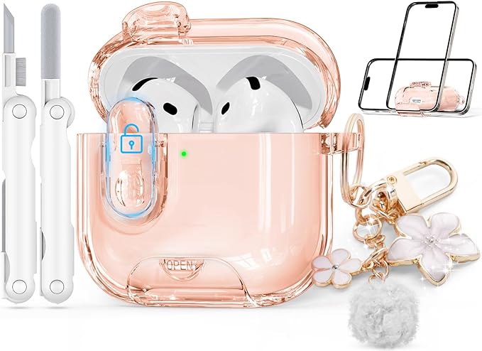 Clear Case for AirPods 4 Case Cover with Safety Lock,Soft TPU Cover with Phone Stand & Cleaning Kit,Cute Bling Keychain for Women Girls-Desert Gold