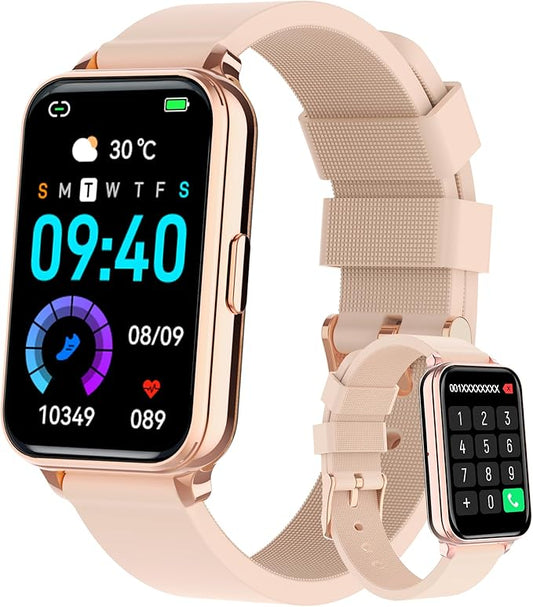 Smart Watch Fitness Tracker Make/Answer calls for Women Men with Heart Rate Blood Oxygen Sleep Monitor Sports Modes Step Calorie Counter IP68 Waterproof for Android Phones iPhone (Rectangle, Pink)