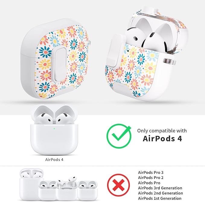 for AirPods 4 Case with Secure Lock Clip in Phone Stand,Floral Girly Style Protective Cover with Cleaning Kit and Hand Strap for Apple AirPod 4 Generation (Sun Petals)