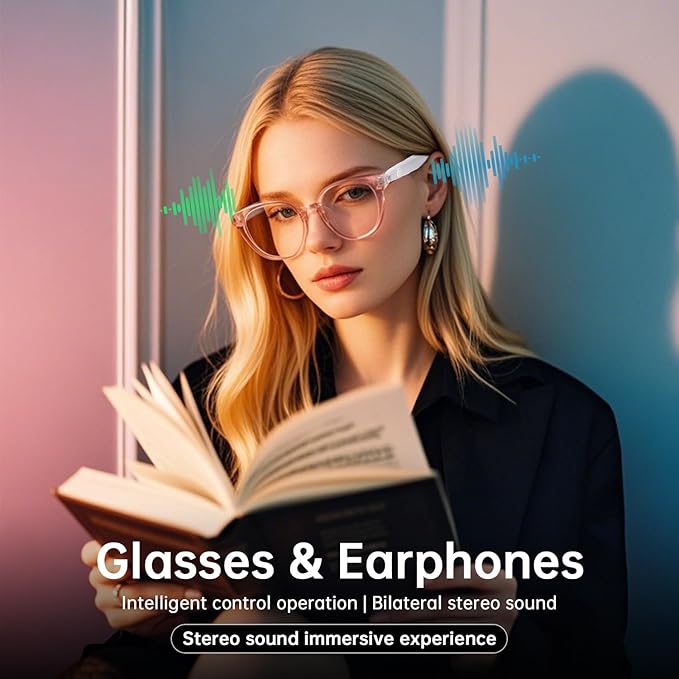 Smart Glasses for Women, Blue Light Filtering Lenses，Bluetooth 5.3, Audio & Mic, Intelligent Touch,Open-Ear Clear Sound, Remote Photography, Ultralight Comfortable Design for Working.