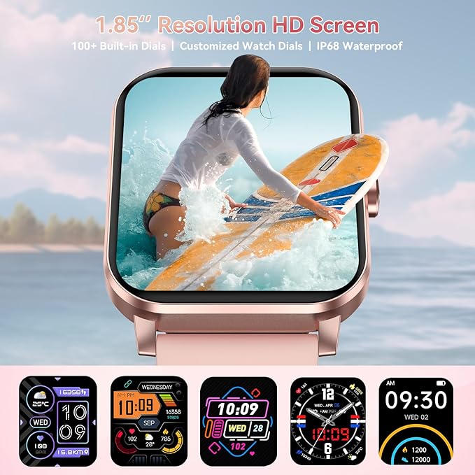 Smart Watch for Men Women, 120+ Sports Modes, Bluetooth Calls/Messages, 1.85" HD Touch Screen, IP68 Waterpro of Fitness Tracker with Heart Rate/Sleep Monitor, Compatible with Android/iOS (Pink)