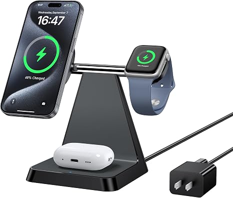 Charging Station for Multiple Devices Apple: Woruda 3 in 1 Magnetic Wireless Charger Stand for Mag Safe iPhone - Nightstand Charging Dock for iPhone 16 15 14 13 12 Pro Max Plus Apple Watch Airpods