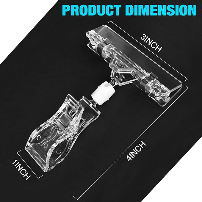 Clear Sign Clips on Merchandise Display 50 Pack Plastic Label Pop Clips on Sign Holder Shelf Double Sided Swivel Price Tag Clips on Clothing Rack Signs Rotatable Menu Clips for Retail Store Supplies