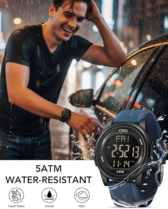 CIVO Digital Watches for Men Women: Sports Waterproof Wristwatch with Stopwatch Alarm Date - LED Backlight Big Numbers Silicone Watch for Outdoor Camping Running Cycling