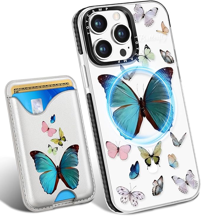 Toycamp for iPhone 15 Pro Max Case - Compatible with Magsafe Credit Card Holder Wallet Magnetic Cute Women Teen Girls Kawaii Girly Unique Butterfly Design Phone Cover for Apple 15 Promax 6.7"