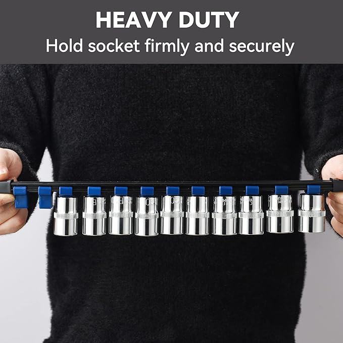 ALOANES 12PC ABS Socket Organizer, Socket Rails Fit 1/2 inch, 3/8 inch and 1/4 inch Drive, Heavy Duty Socket Holders Hold up to 172 Sockets, Black Rails with Blue Clips